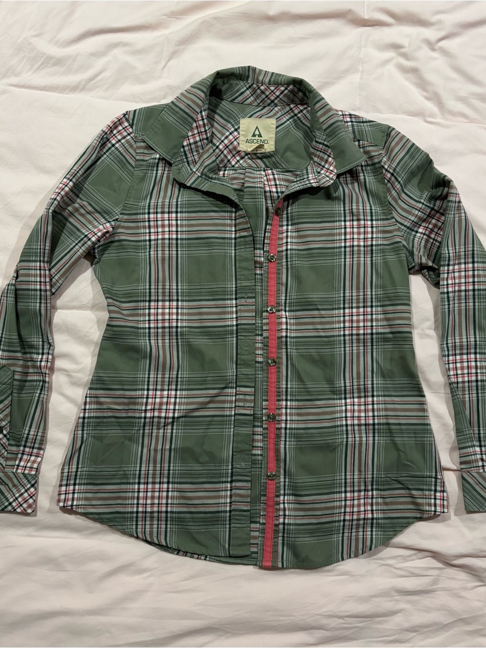 Ascend Olive Green Plaid Button-Front Shirt with Pink Trim